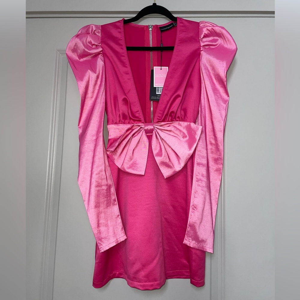 Pink bow mini dress from Pretty Little Thing petite